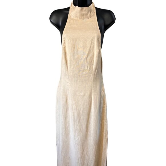 Lioness Womens Halter Dress Small Tan Linen Blend Sheath Maxi - Picture 2 of 16